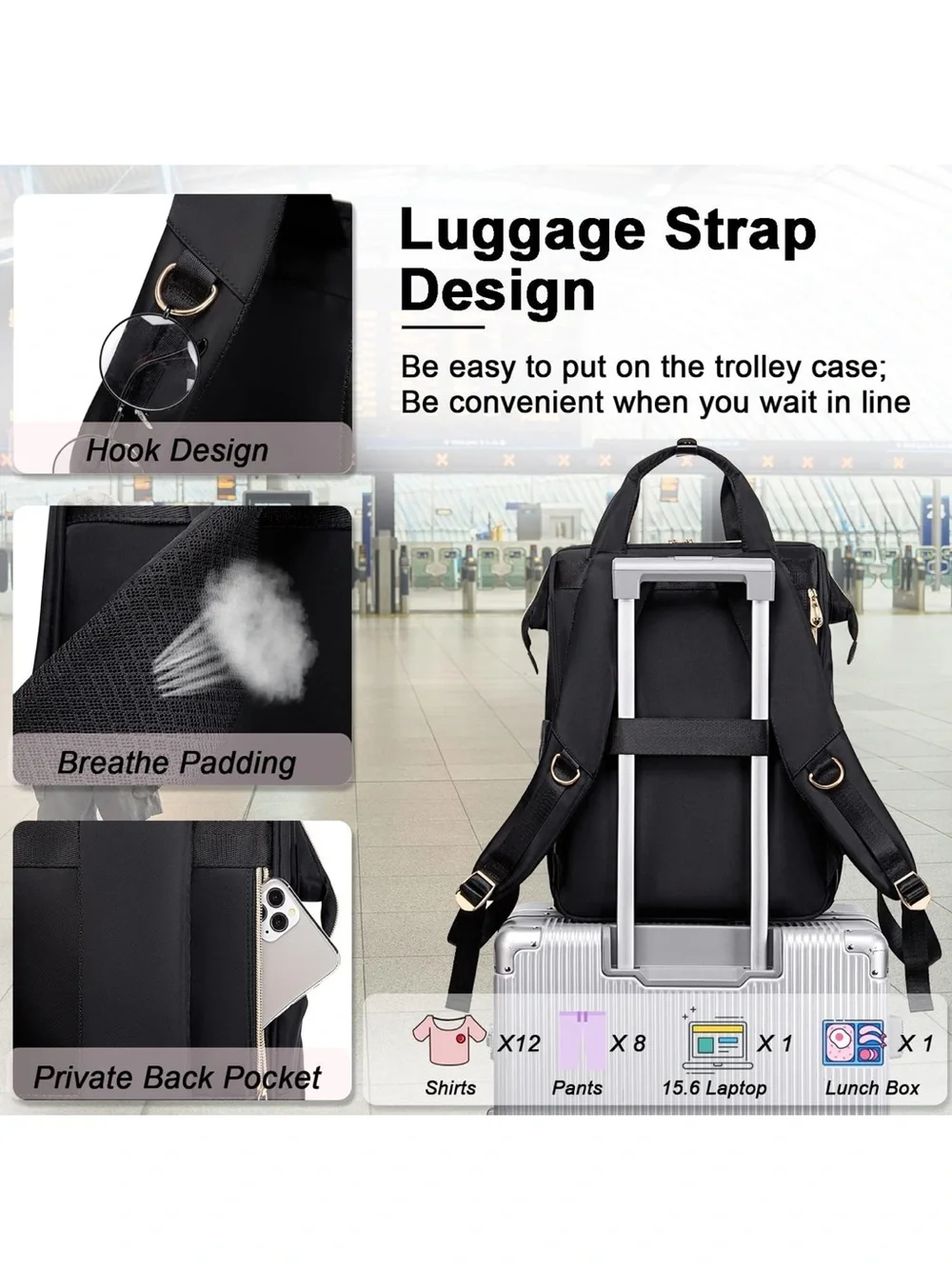 Quilted Black Backpack Tote with Gold Accents